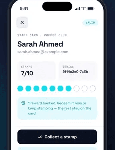 The Stamper App showing a scanned card with 7 of 10 stamps and a banked reward