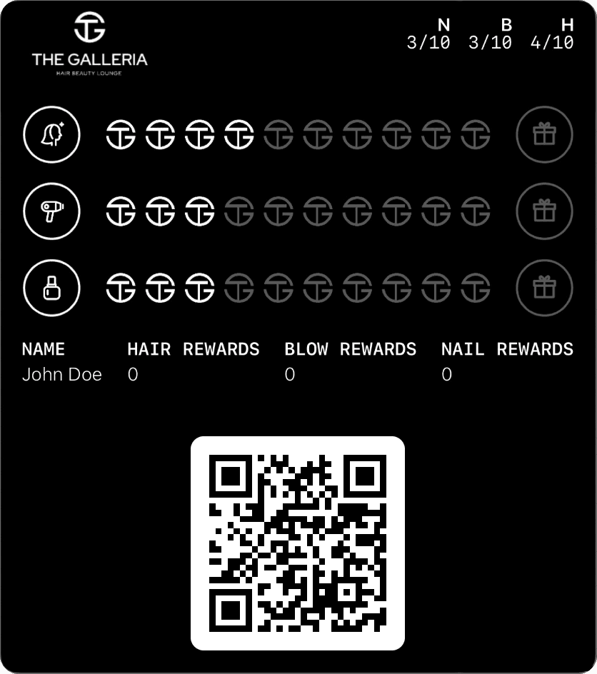The Galleria stamp card with three reward rows