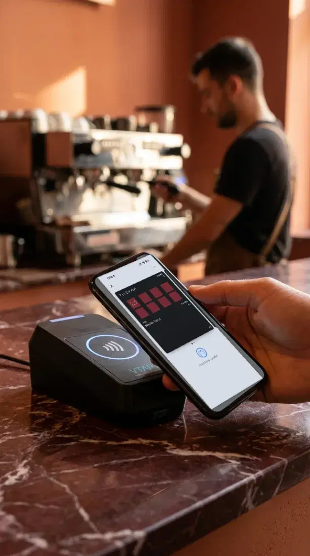 A customer taps their phone with The KAF stamp card on the counter reader at a Dubai coffee shop