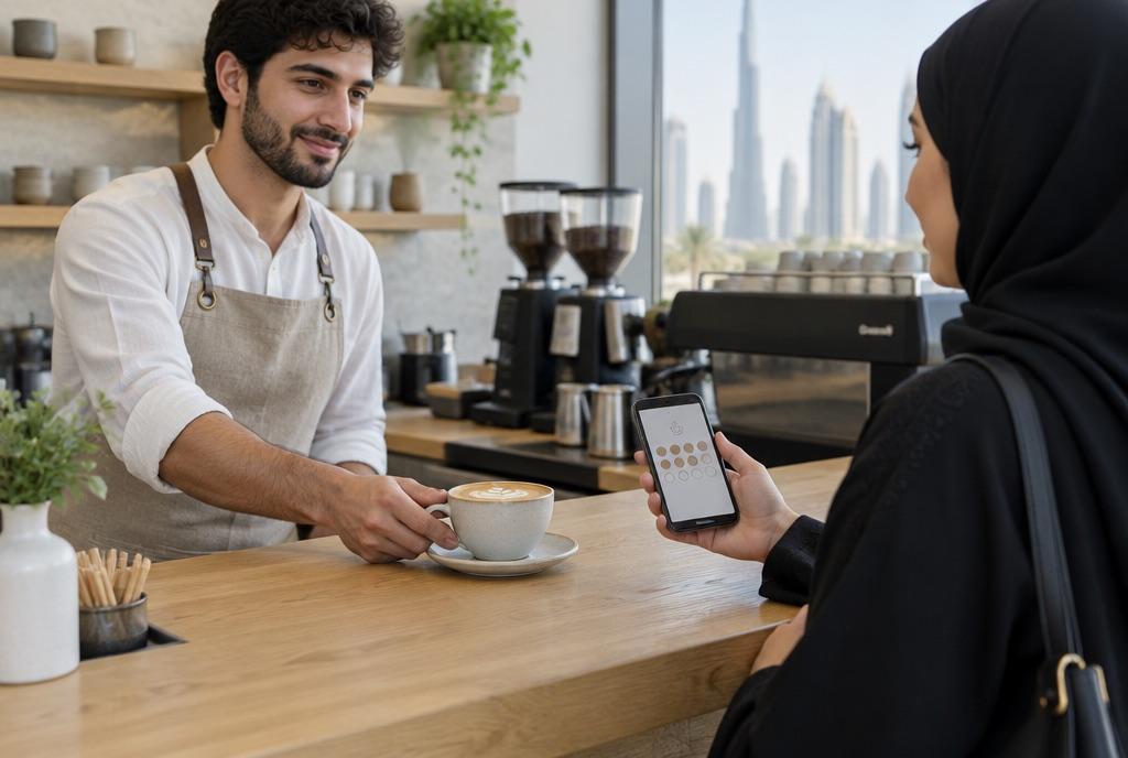 A barista hands a coffee to a customer holding her loyalty card on her phone