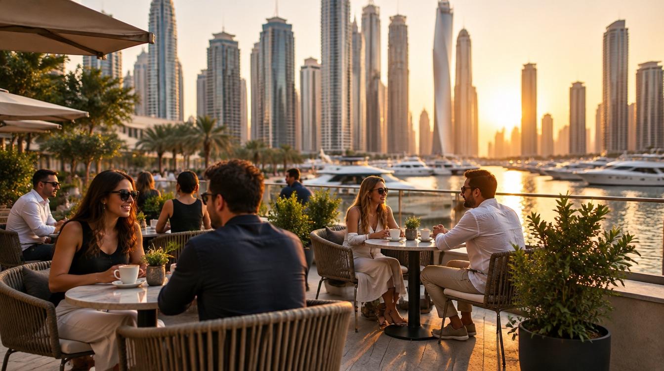A sunlit café terrace in Dubai Marina at golden hour