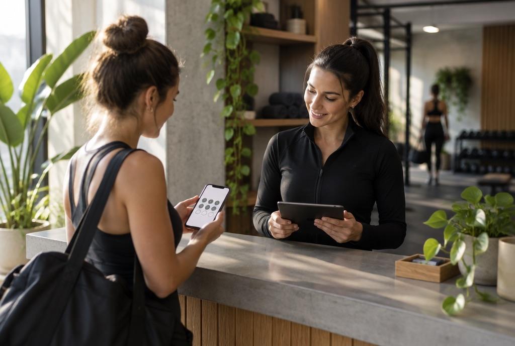 A member checks in at a fitness studio desk