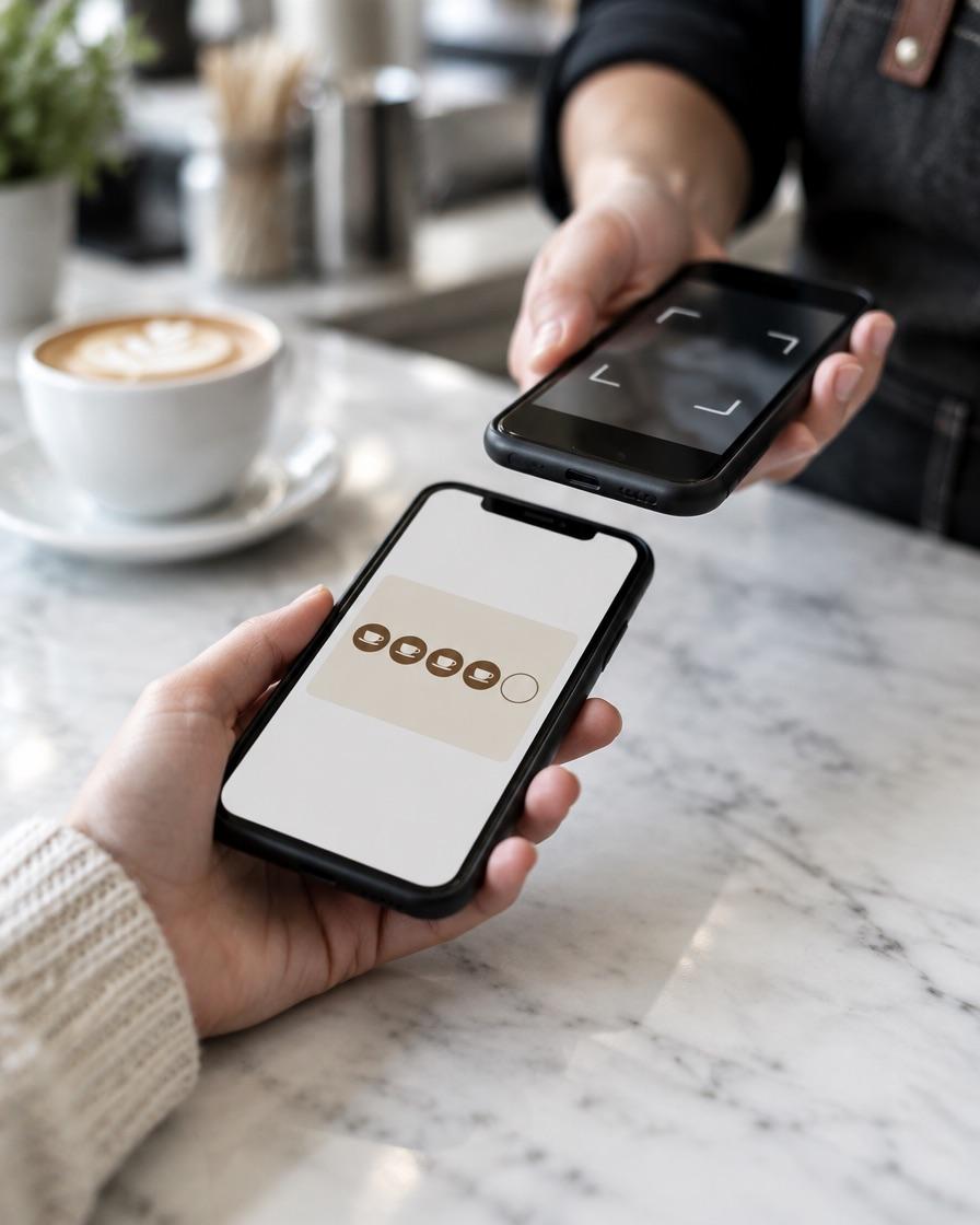A customer's phone showing a loyalty card is scanned at a café counter
