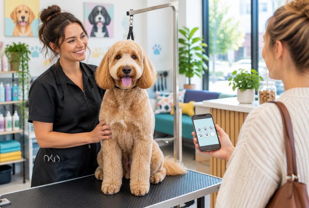 A groomer with a freshly groomed dog while the owner shows a loyalty card on a phone