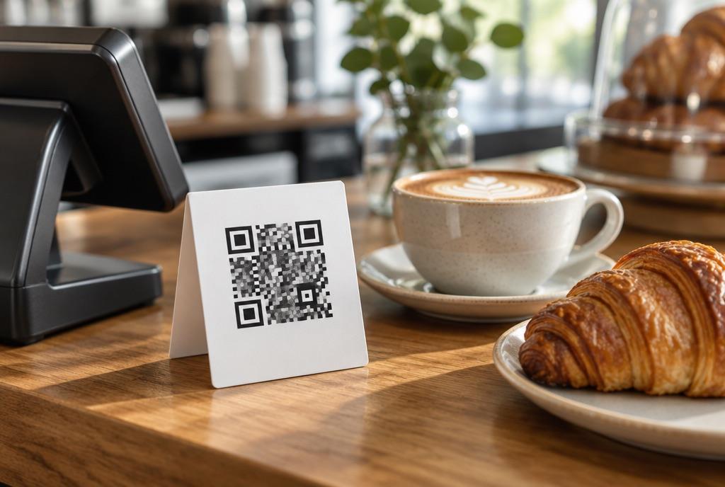 A QR code tent card beside a café till