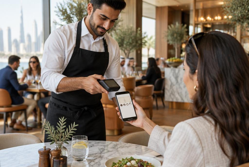 A waiter scans a guest’s phone showing a loyalty card at a Dubai restaurant