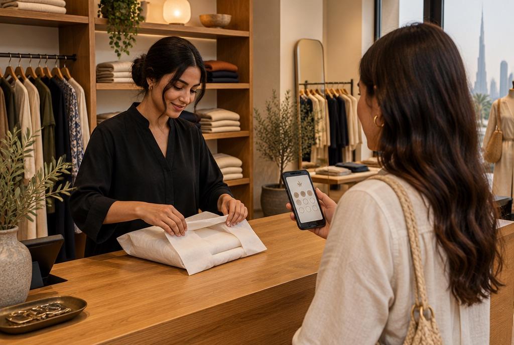 A boutique assistant wraps a purchase while the customer shows a loyalty card on a phone