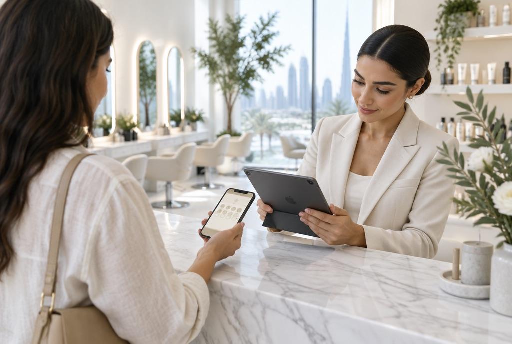 A salon receptionist scans a client's phone