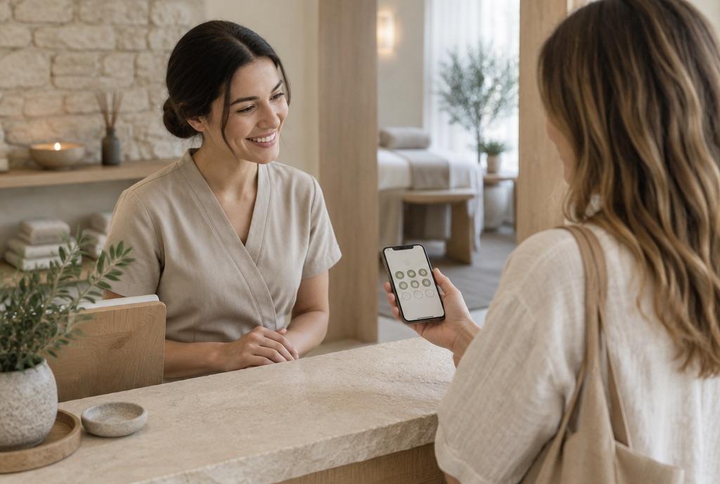 A spa receptionist greets a client showing a loyalty card on her phone