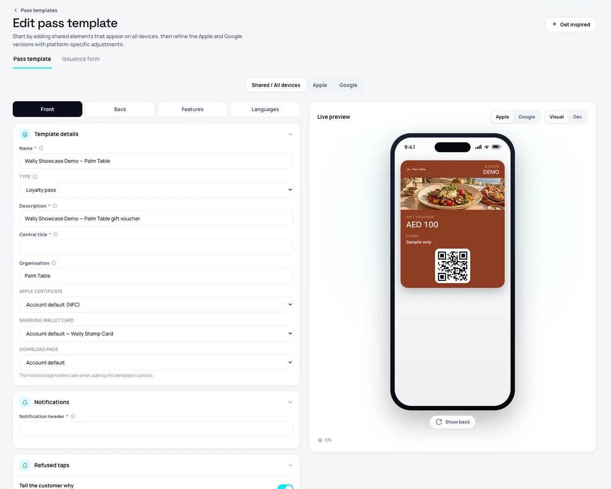 The card designer in the web dashboard with a live wallet preview